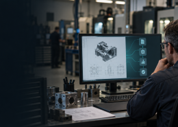Manufacturing estimator reviewing a CAD drawing and AI-assisted RFQ workflow at a CNC machine shop