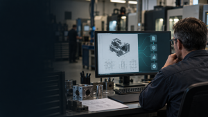 Manufacturing estimator reviewing a CAD drawing and AI-assisted RFQ workflow at a CNC machine shop