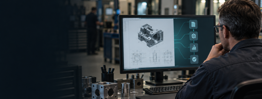 Manufacturing estimator reviewing a CAD drawing and AI-assisted RFQ workflow at a CNC machine shop