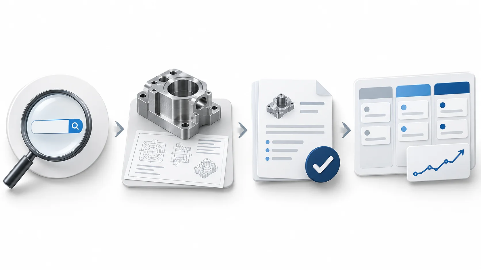 Diagram showing a machine-shop search visitor becoming an RFQ and CRM lead