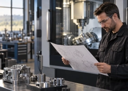 Engineer reviewing a CAD drawing beside a CNC machining center