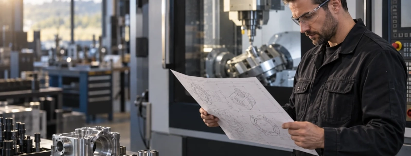 Engineer reviewing a CAD drawing beside a CNC machining center