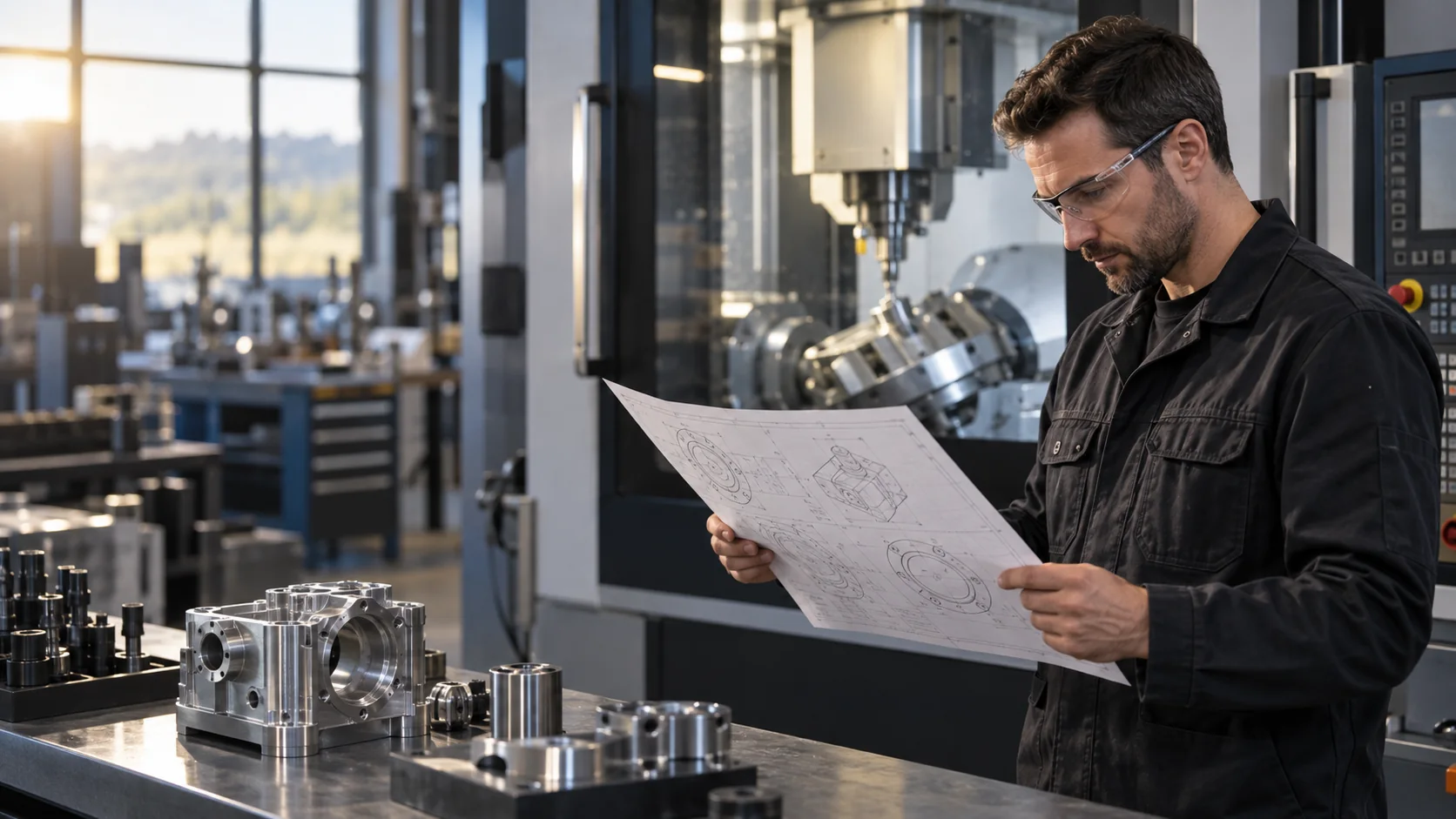 Engineer reviewing a CAD drawing beside a CNC machining center