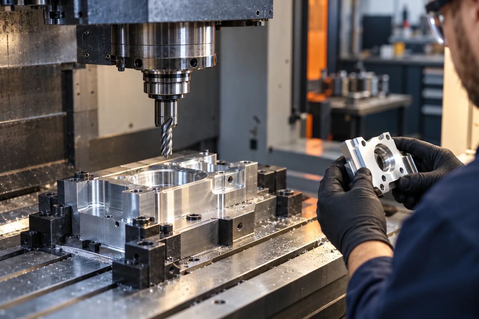 CNC machine and inspected aluminum component illustrating technical fit; conceptual image