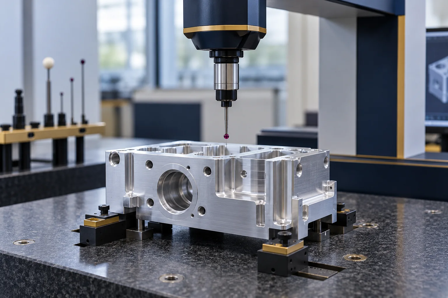 Coordinate measuring machine probe above a generic aluminum component