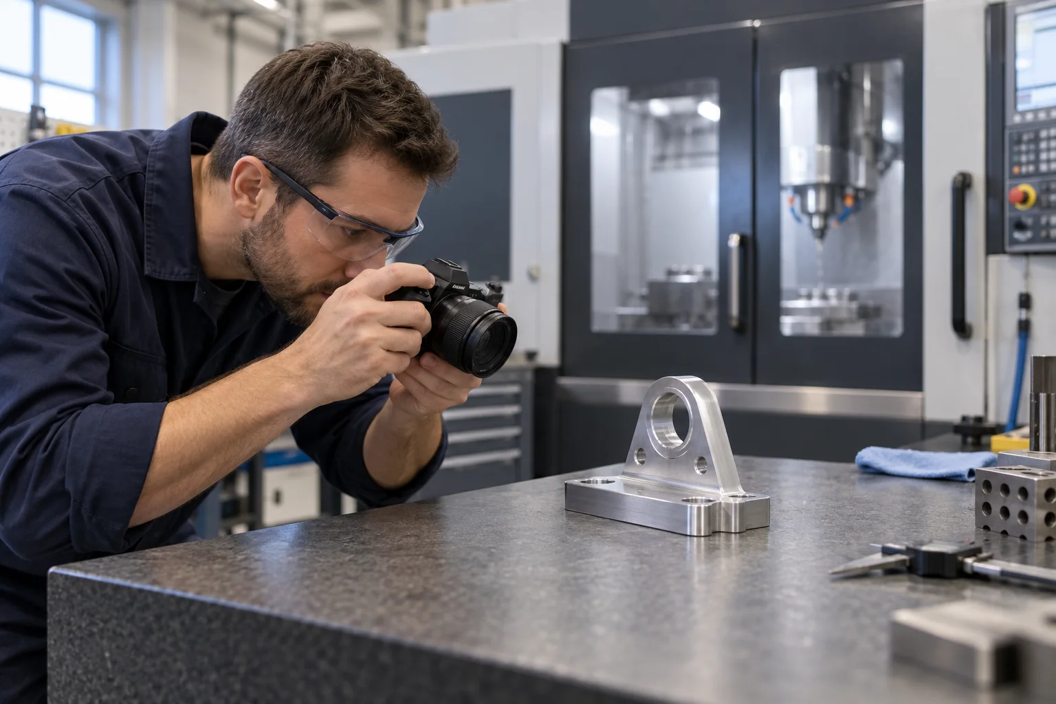 Manufacturing professional photographing a generic metal bracket at a workbench