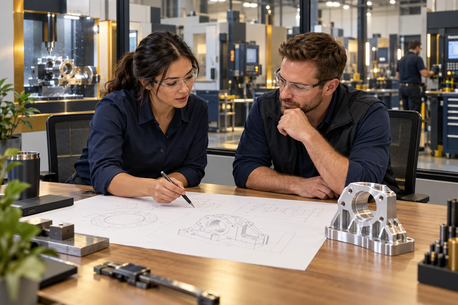 Two manufacturing professionals reviewing a planning document beside a machined component