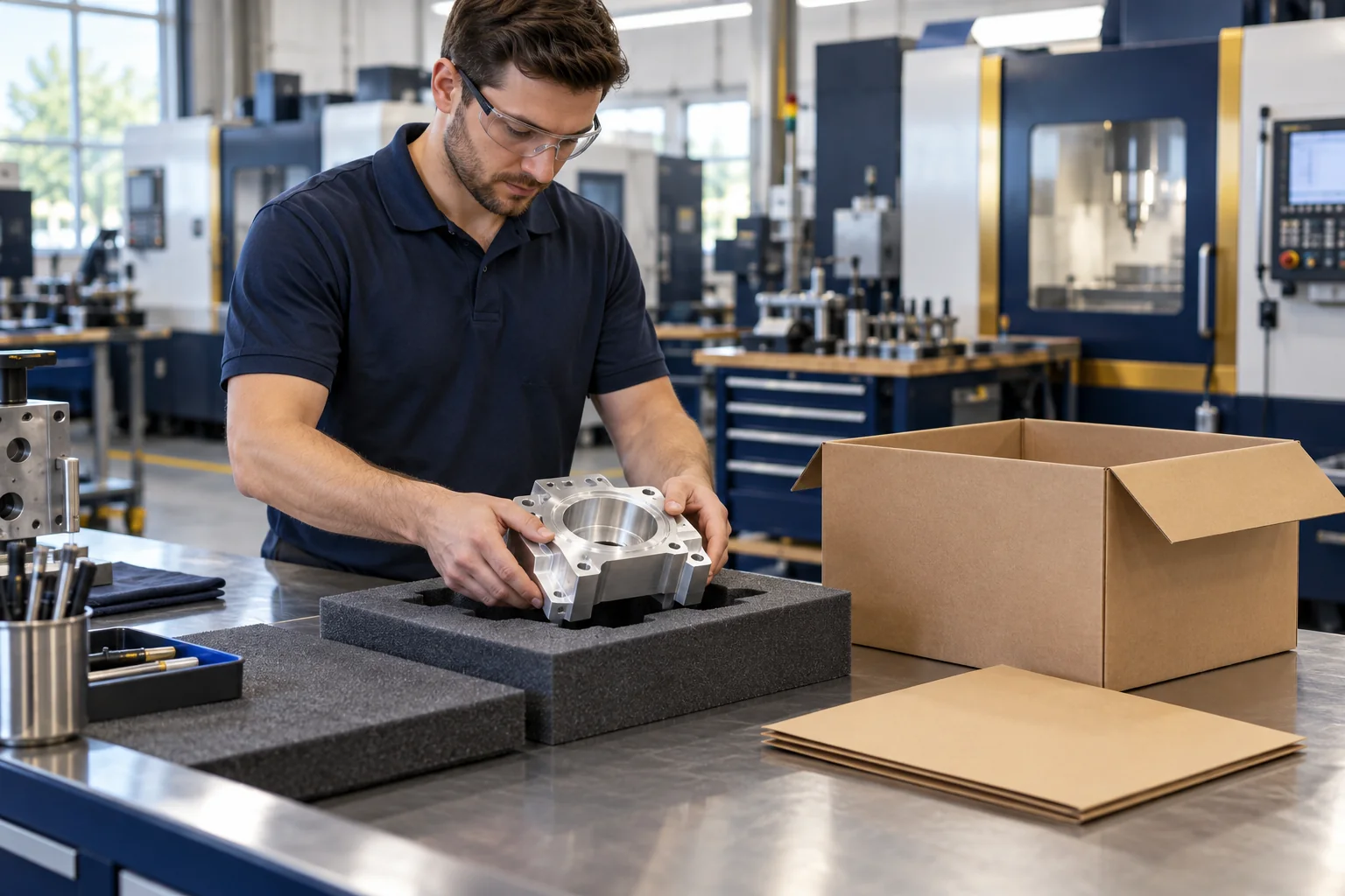 Manufacturing professional preparing a generic machined component for protective packaging