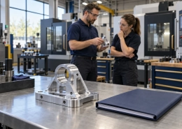 Generic machined bracket and project folder with manufacturing professionals in a CNC shop