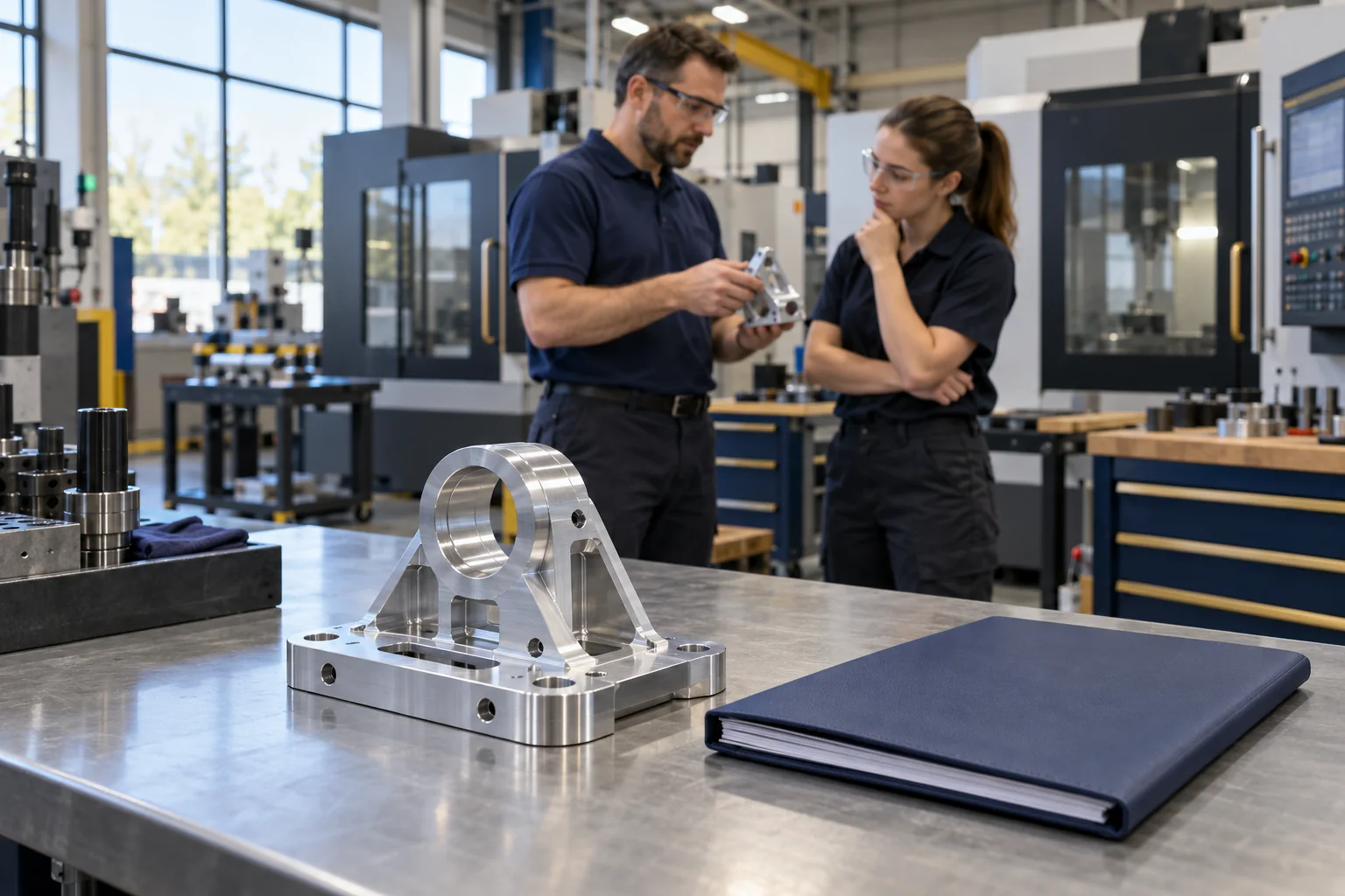 Generic machined bracket and project folder with manufacturing professionals in a CNC shop