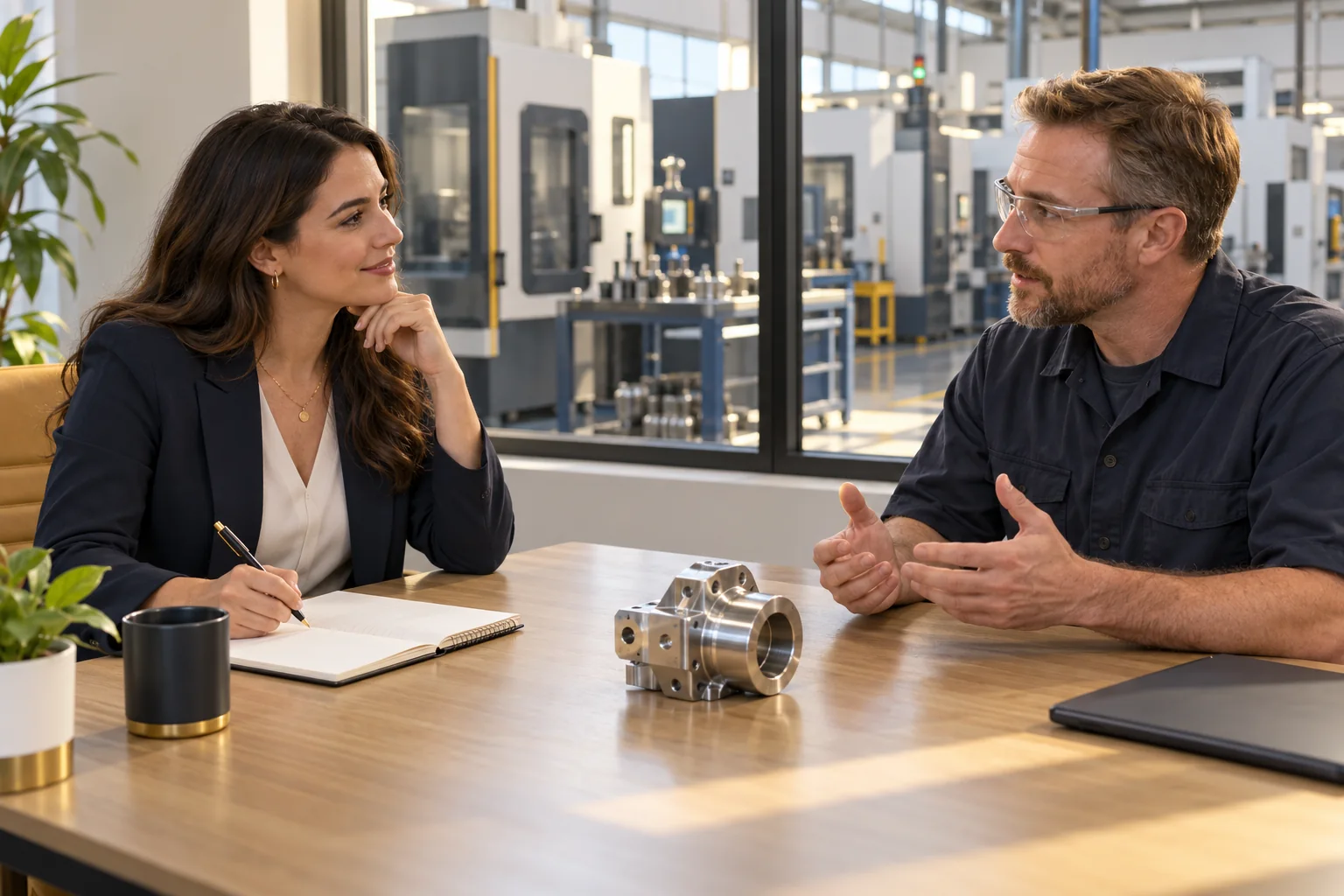 Marketing professional interviewing a manufacturing engineer beside a generic component