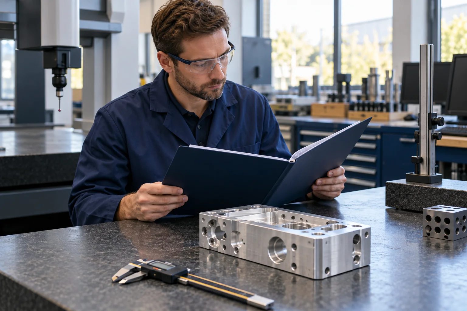 Quality professional reviewing a folder beside a machined component and caliper