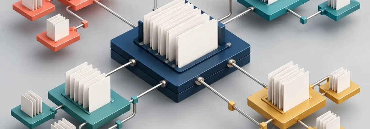 Modular shelves and page tiles linked to a central foundation