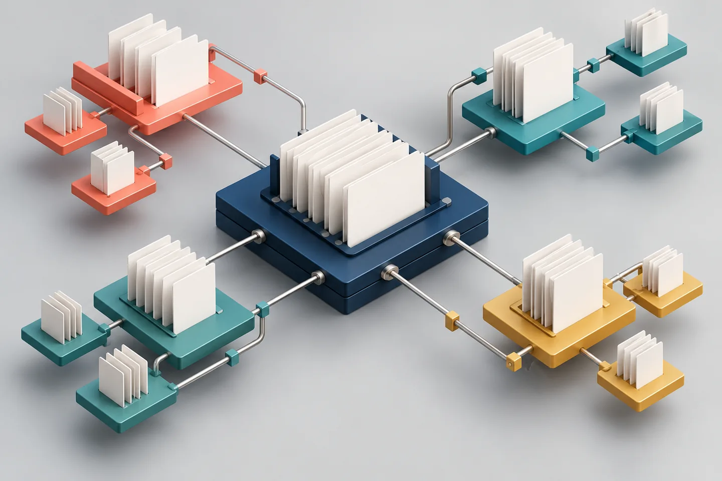 Modular shelves and page tiles linked to a central foundation