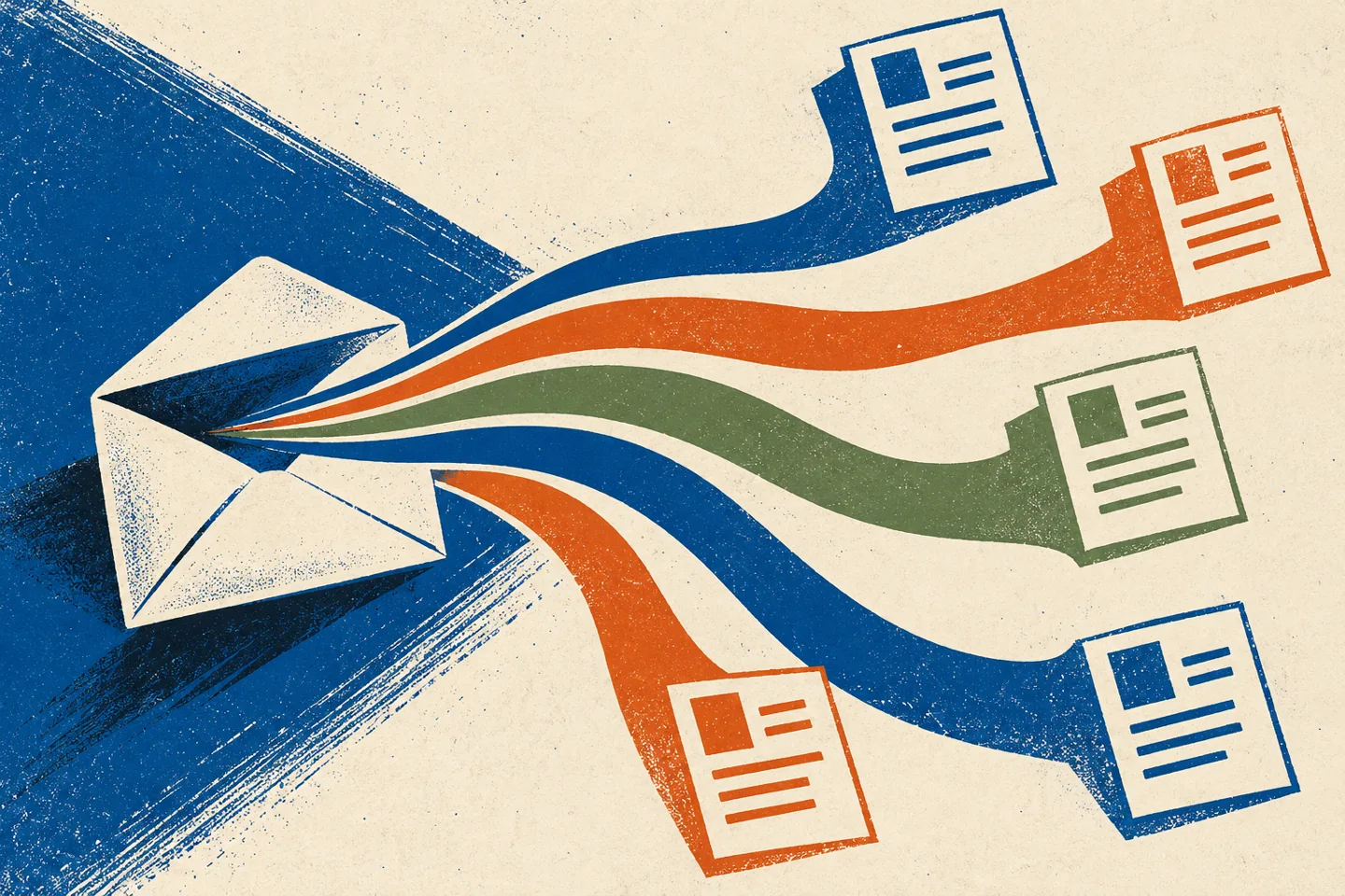 An open envelope connects to several flowing page paths