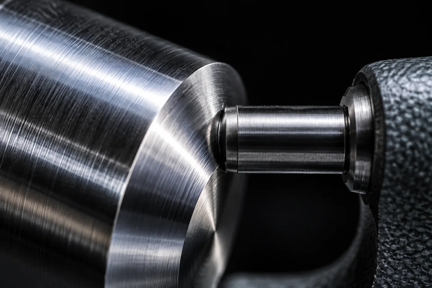 Close view of a micrometer contact and turned steel shaft