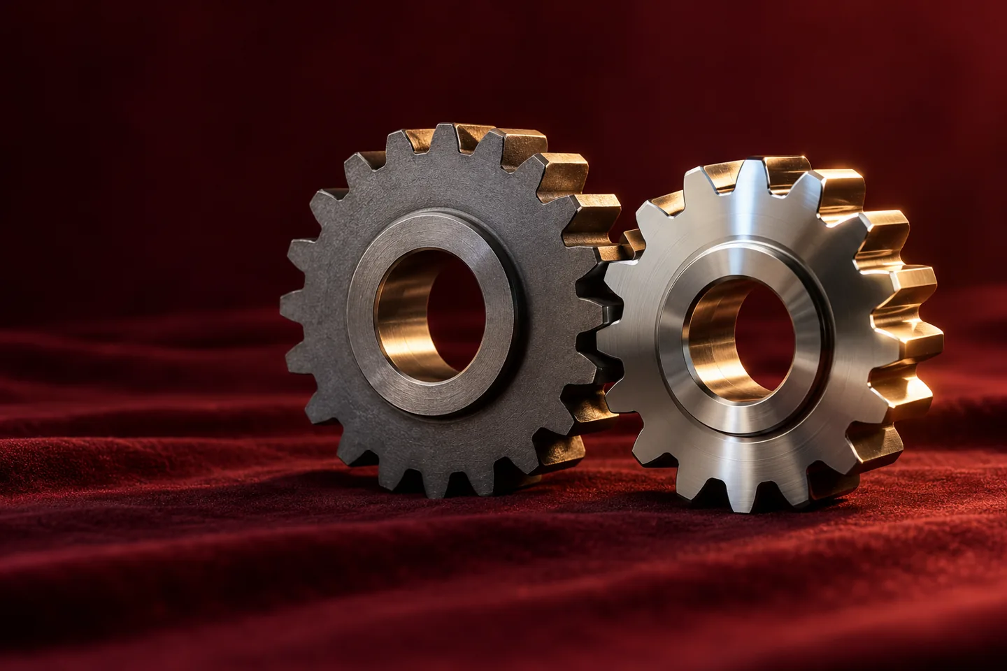 Two interlocking steel gears in warm studio light