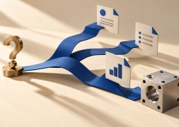 Folded blue routes connect a brass question mark with page panels and a silver cube