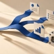 Folded blue routes connect a brass question mark with page panels and a silver cube