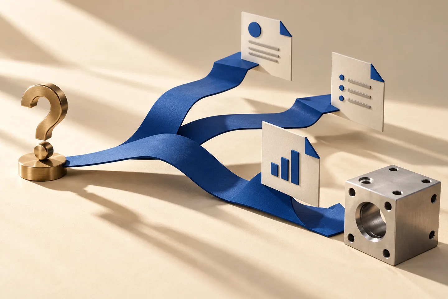 Folded blue routes connect a brass question mark with page panels and a silver cube