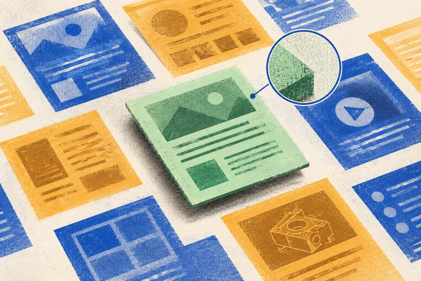 Layered document tiles beneath an inspection lens