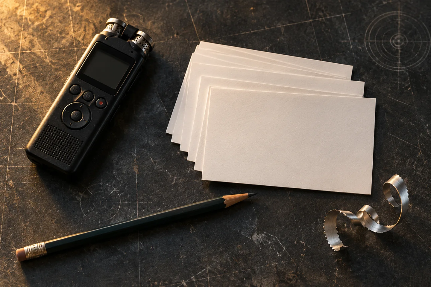 Recorder, blank cards, pencil and aluminum shaving on dark drafting paper