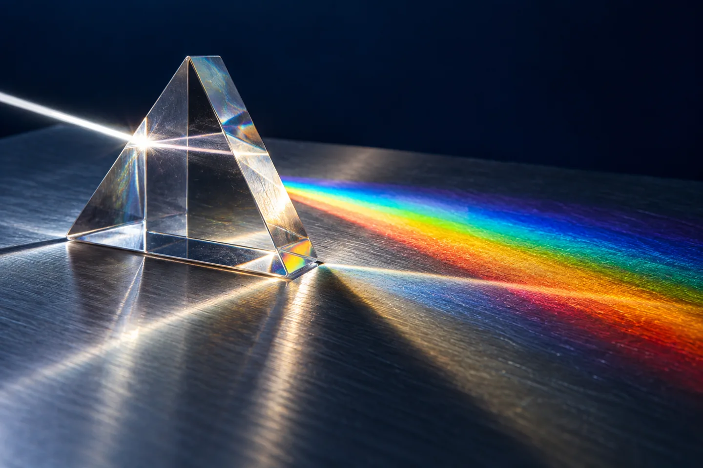 A glass prism separates a light beam across brushed aluminum