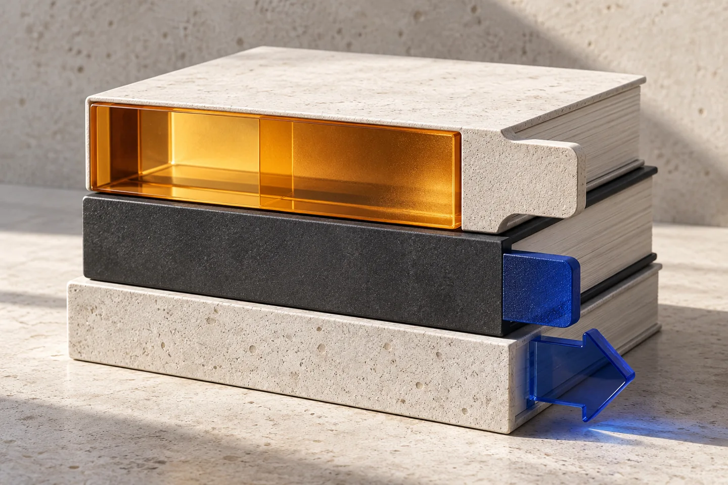 Layered blocks, an amber panel and a blue directional arrow