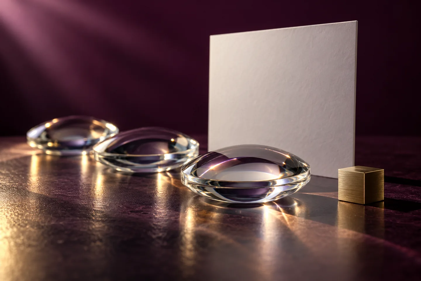 Glass lenses aligned with a blank card and brass cube