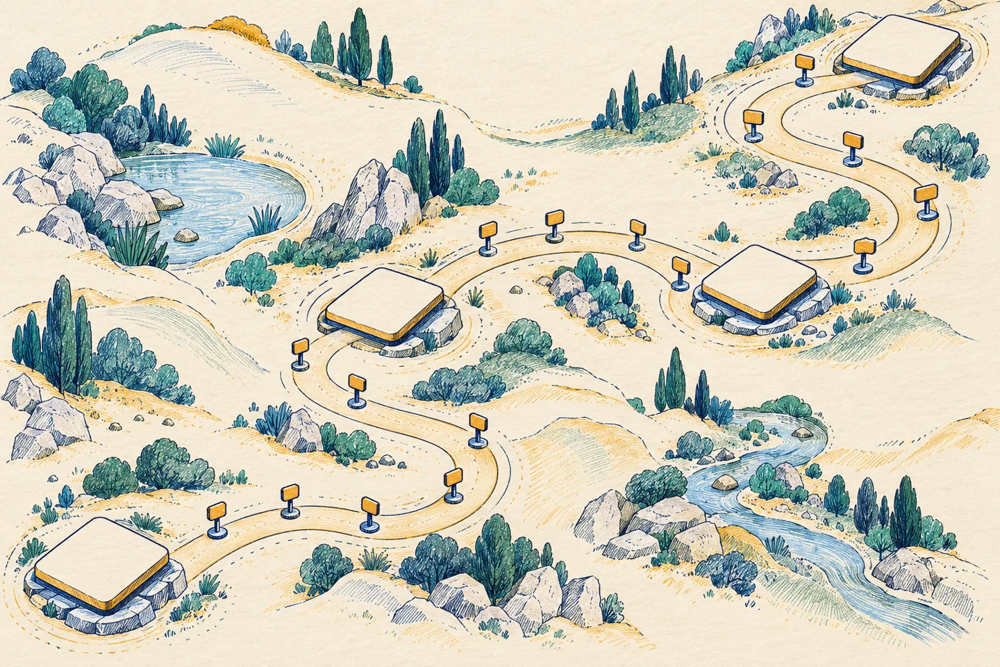 An illustrated winding path connects blank milestone tiles