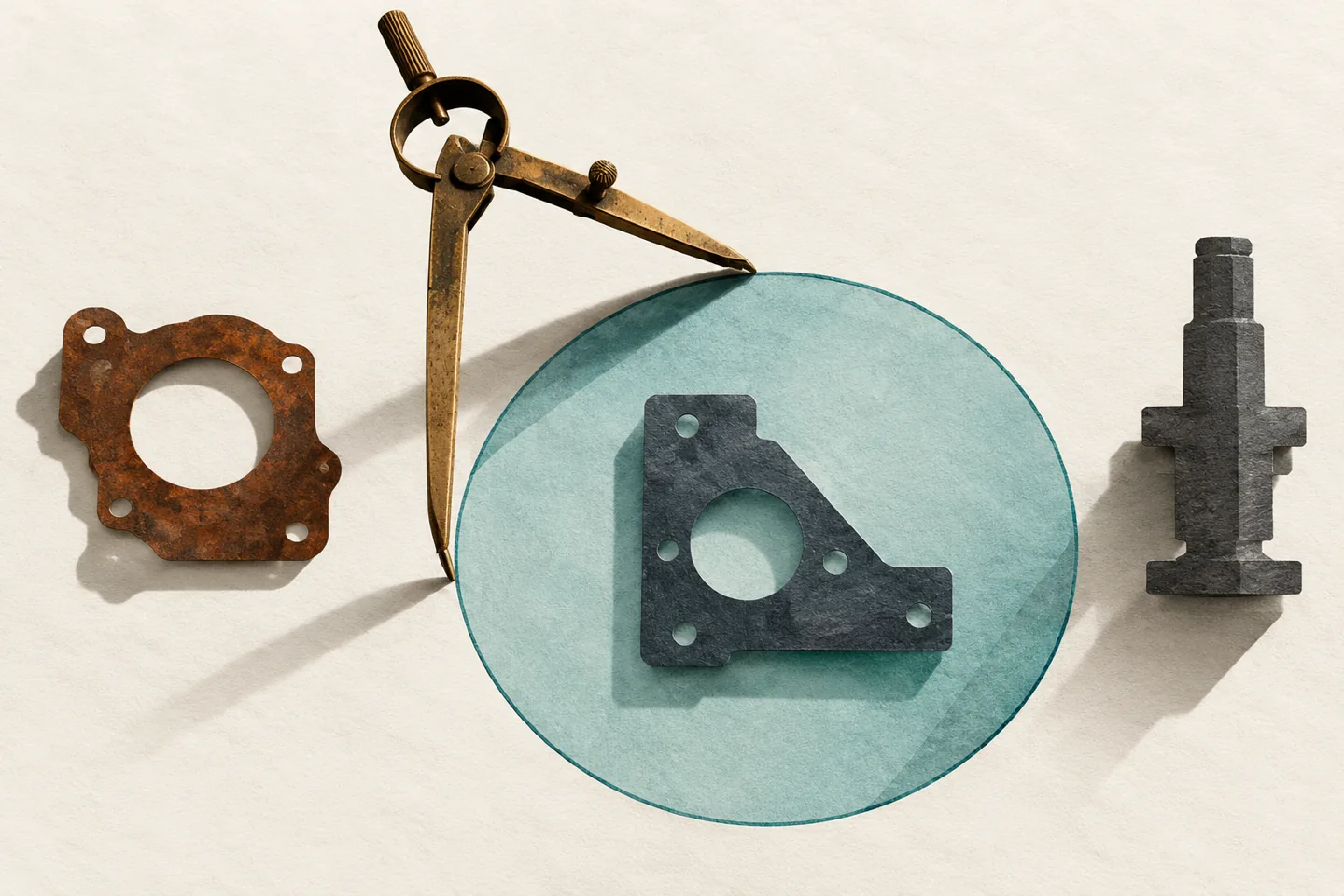 Paper component silhouettes arranged inside and outside a teal boundary