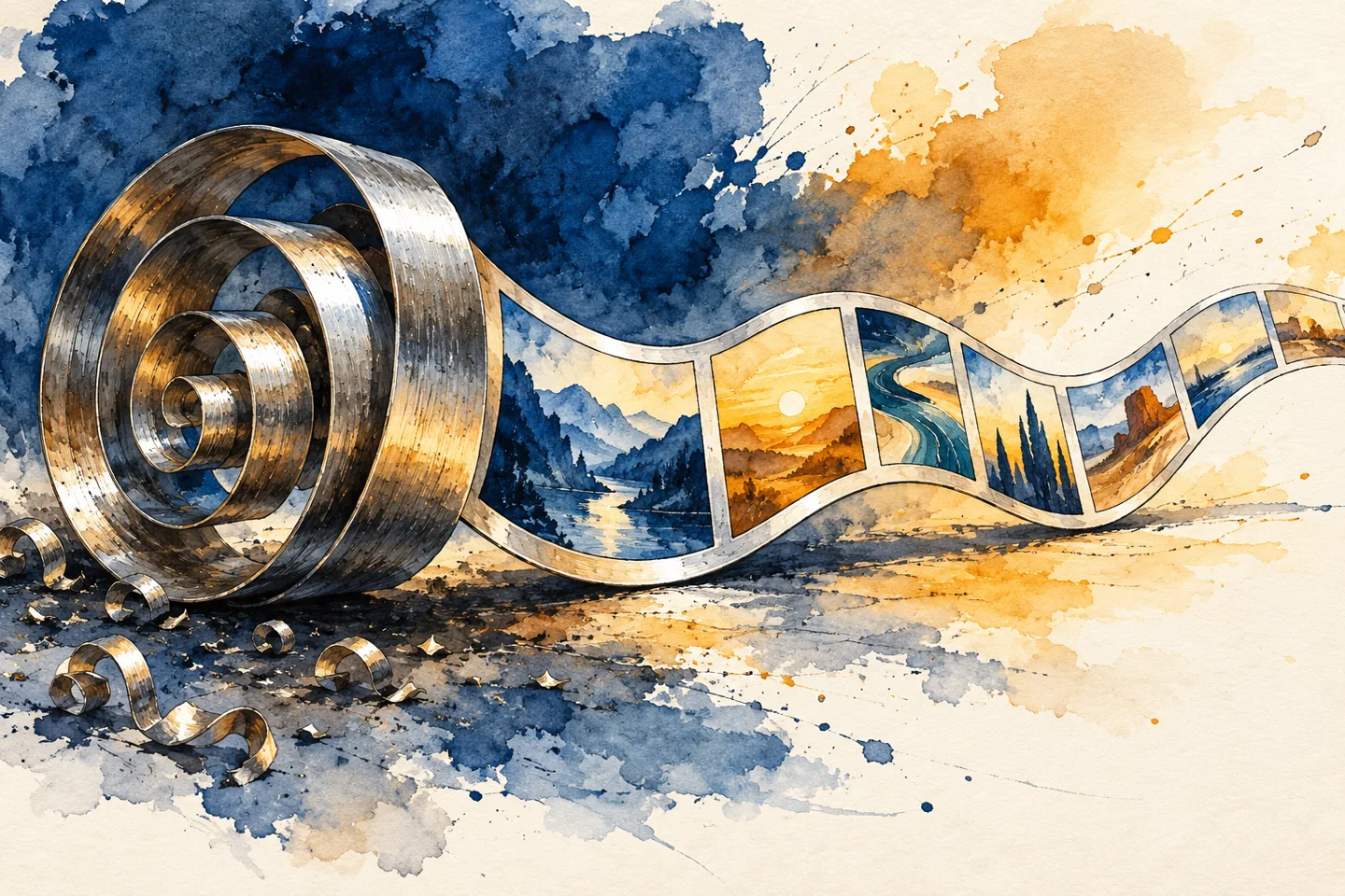 Metallic spiral unfolds into colorful picture frames