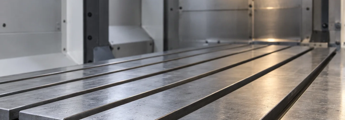 Parallel T-slots on an empty machine-tool worktable inside an enclosure