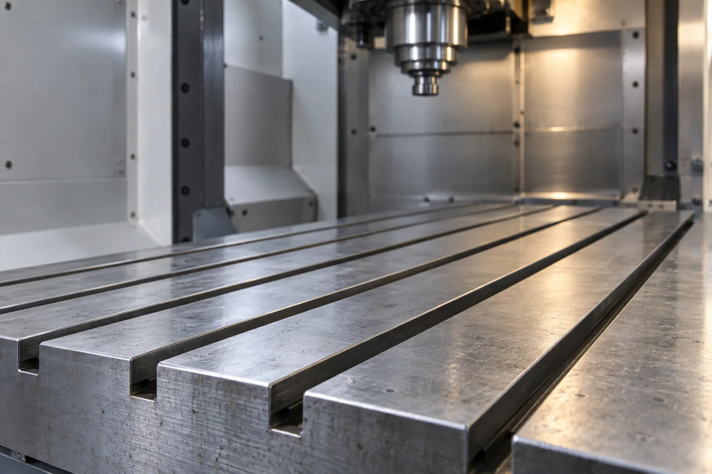 Parallel T-slots on an empty machine-tool worktable inside an enclosure