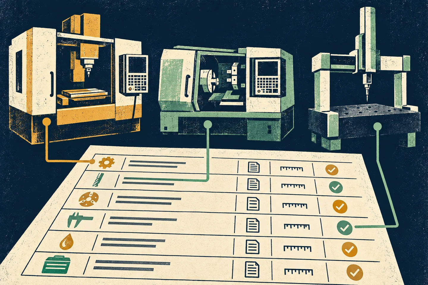 Printed silhouettes of milling, turning and measuring equipment beside an inventory sheet