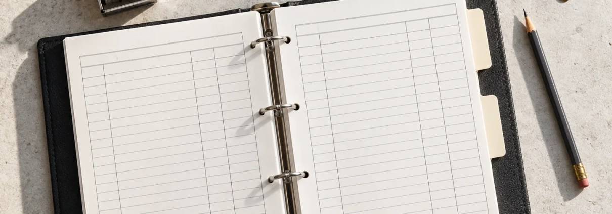 Inventory binder, date stamp and pencil arranged for an equipment-list revision