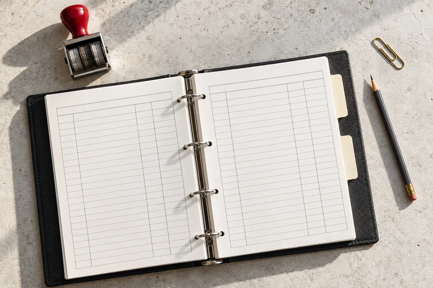 Inventory binder, date stamp and pencil arranged for an equipment-list revision