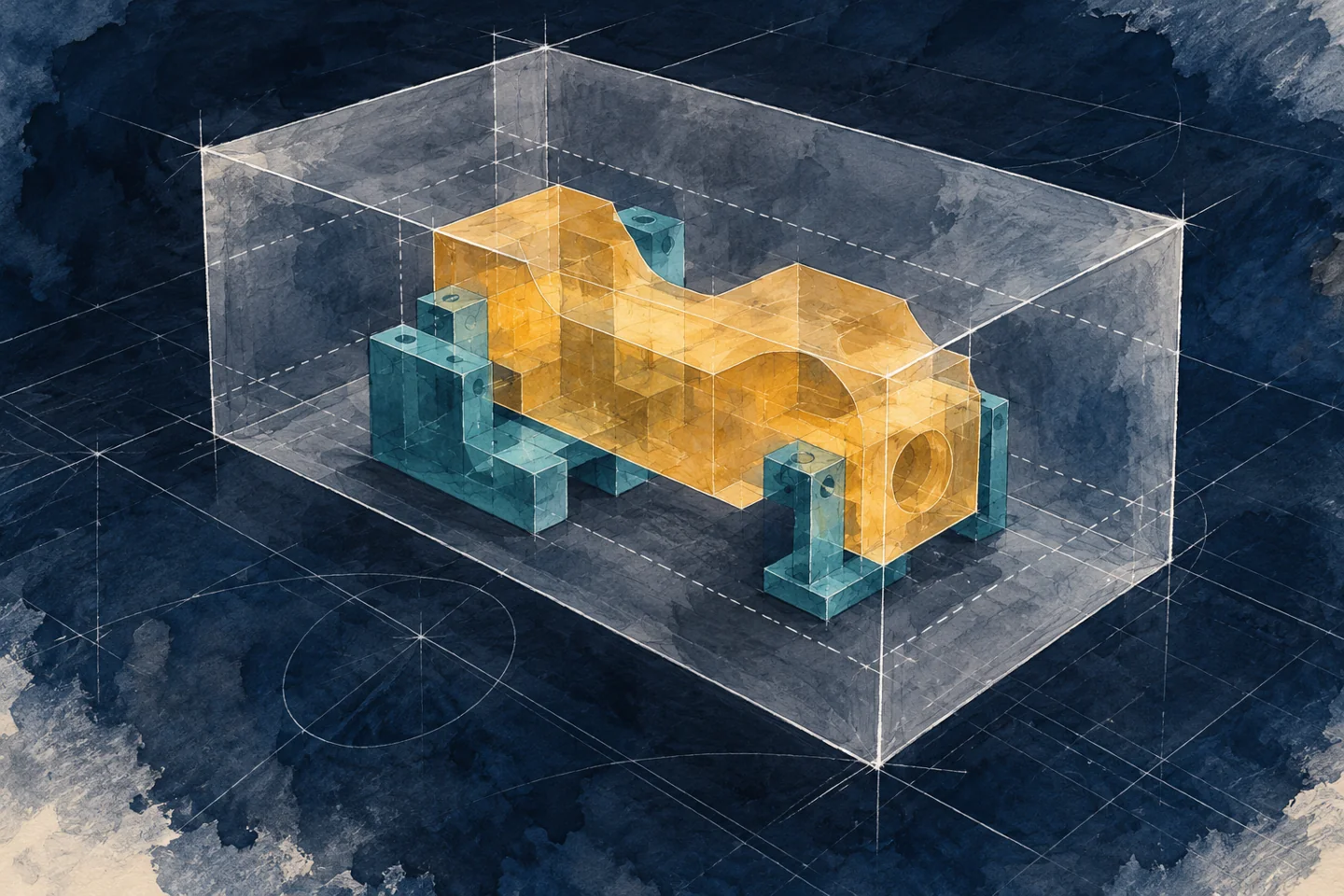 Watercolor study of a smaller part volume within a larger machine-space outline
