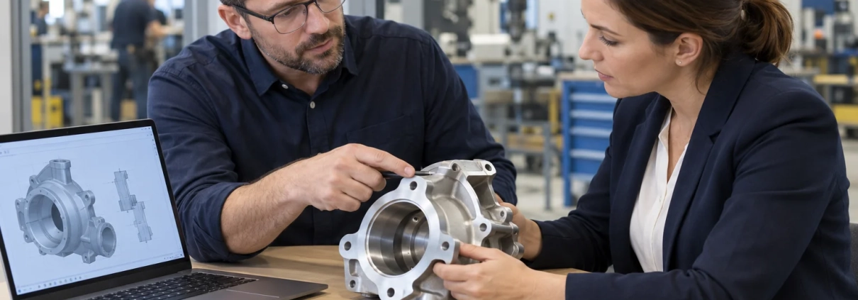 Engineering and purchasing professionals reviewing a machined housing beside a laptop