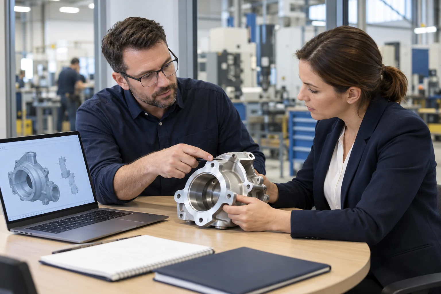 Engineering and purchasing professionals reviewing a machined housing beside a laptop