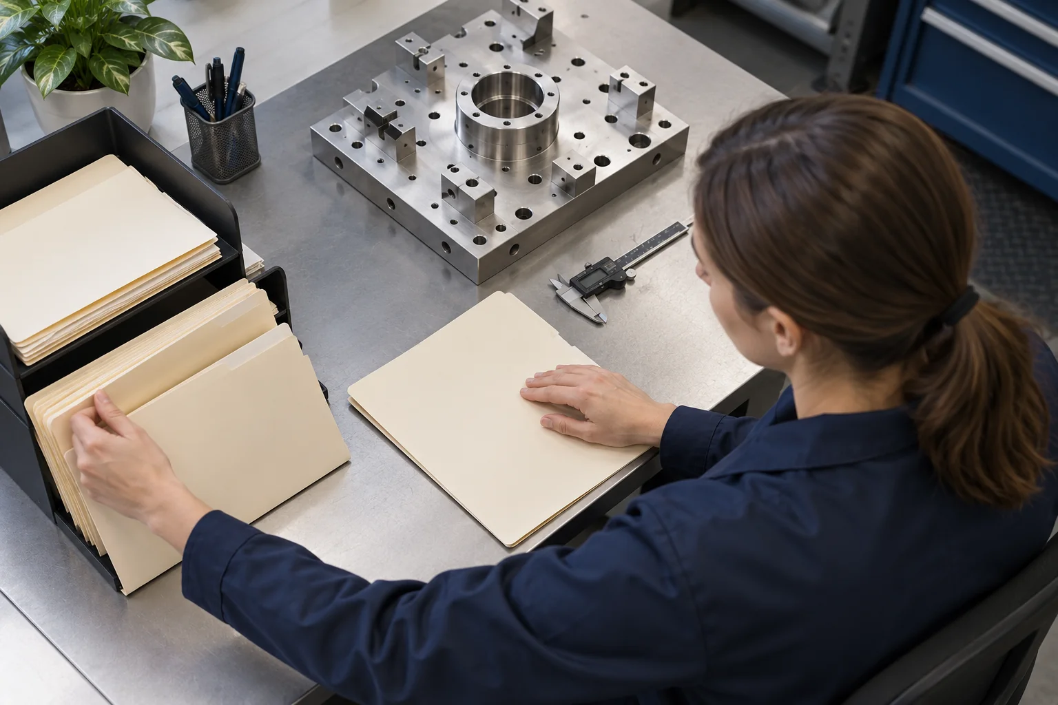 Quality professional organizing folders beside a fixture plate and measuring tools