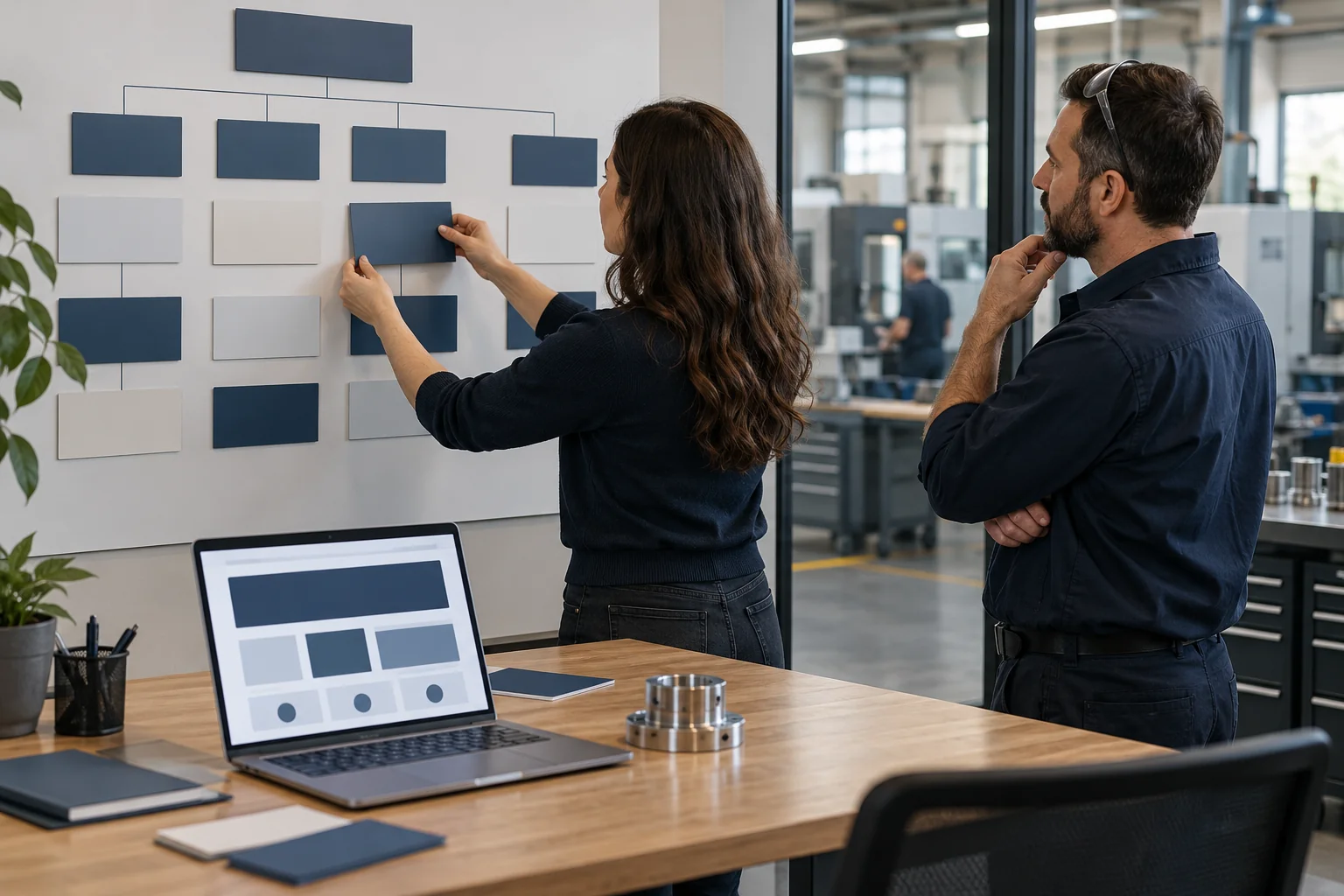 Content planner and manufacturing specialist arranging website page cards on a board