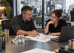 Machine shop owner and estimator reviewing opportunity records and a machined part