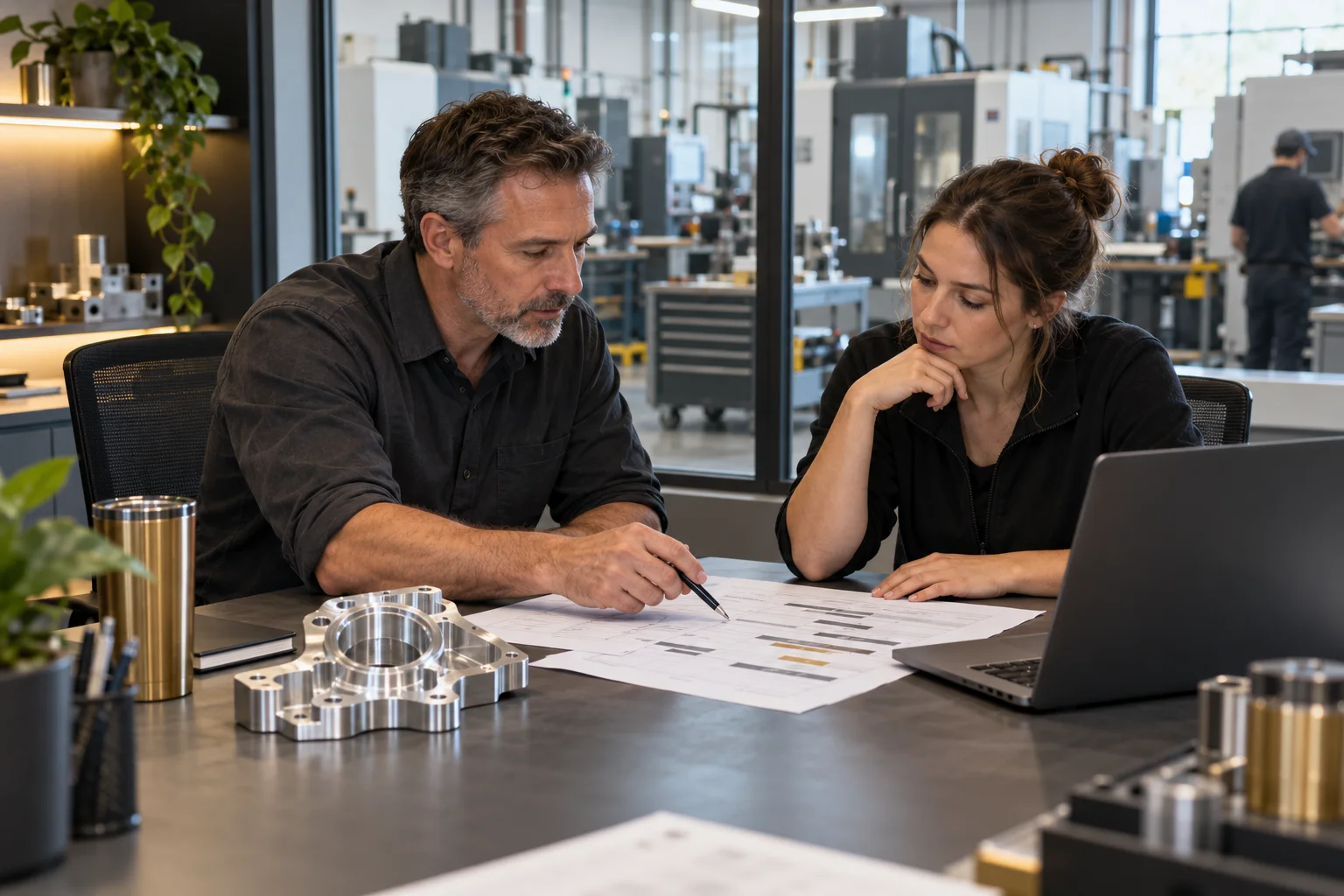 Machine shop owner and estimator reviewing opportunity records and a machined part