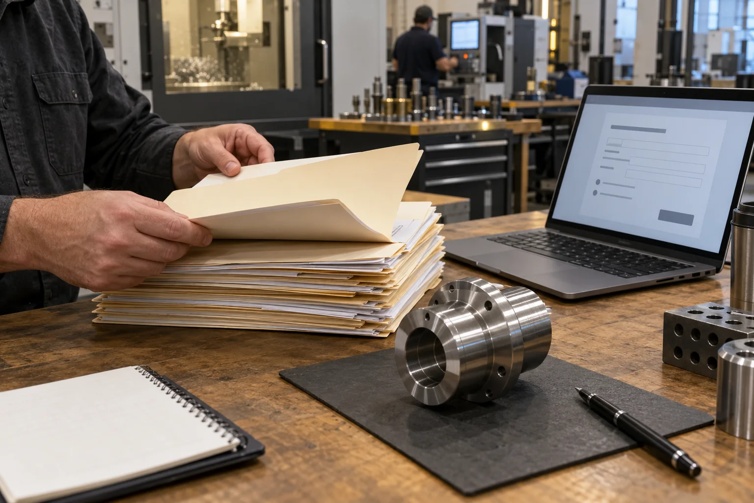Estimator organizing RFQ folders beside a laptop and stainless steel component