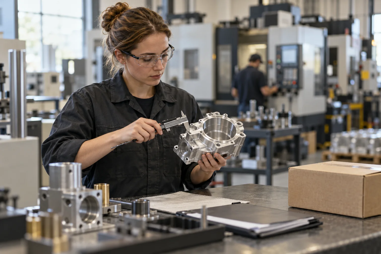 Quality professional inspecting an aluminum housing before delivery