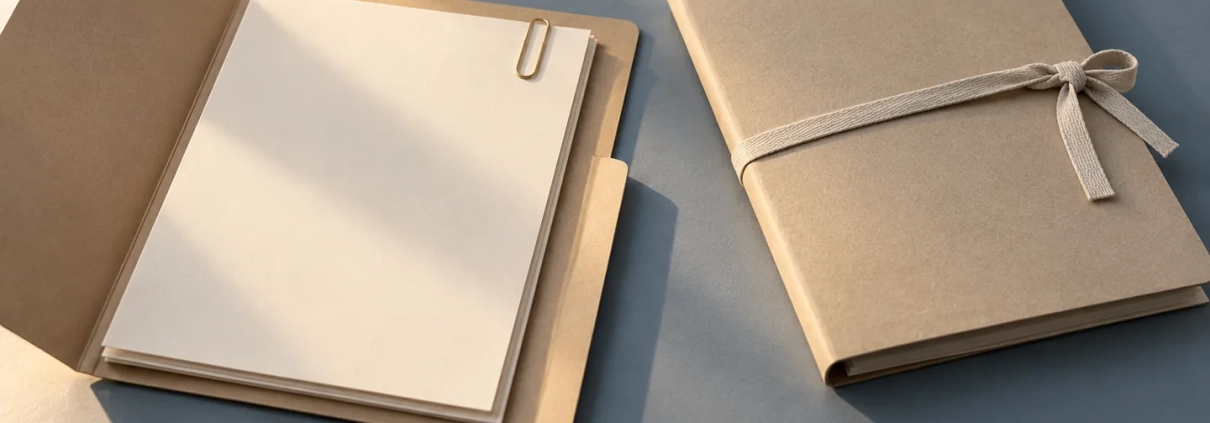 Open and closed document folders arranged separately on a tabletop