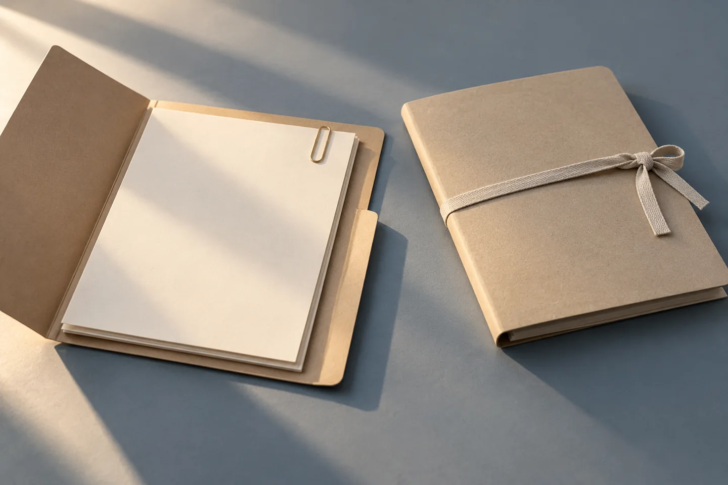 Open and closed document folders arranged separately on a tabletop