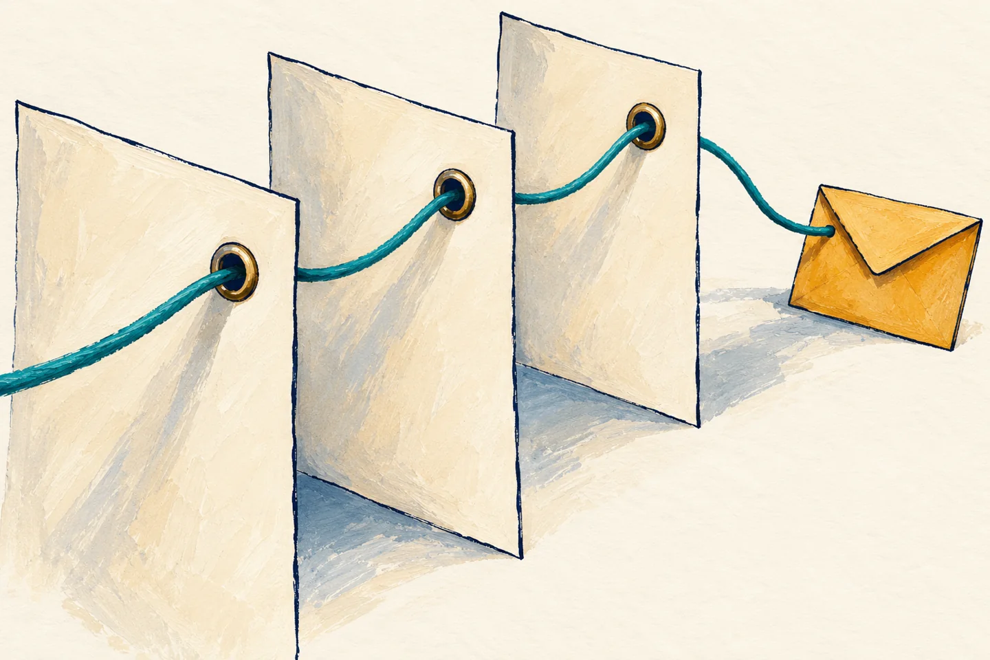 Teal thread connects three paper sheets to an amber envelope