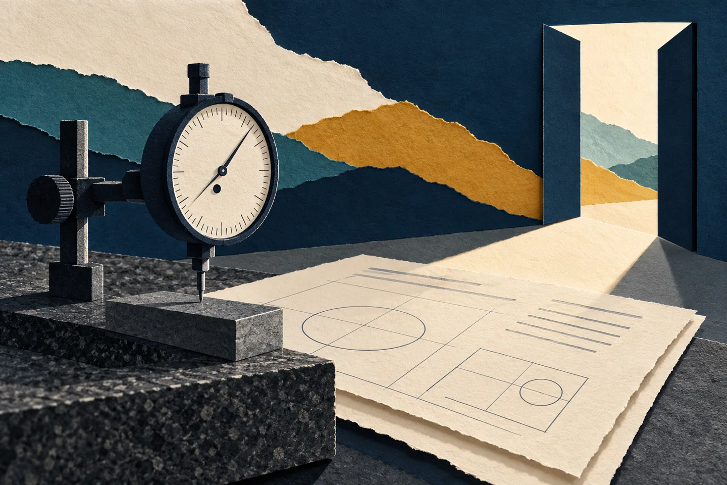 Layered paper illustration of an inspection dial, evidence sheet and open doorway